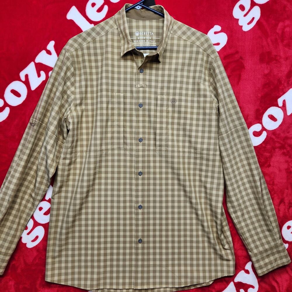 Beretta Mens Medium Button Front Shirt Brown Check Plaid Long Sleeve Hunting...